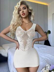 Váy ngủ mini hở lưng gợi cảm, đầm ôm sát bằng vải lưới jacquard xuyên thấu. - trắng - Xem 2