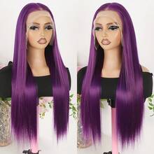 26 Inch Lace Front Wigs For Women Girls 13X6 HD Lace Frontal Hair Wig Pre Plucked Hair-Line Dark Purple Color Free Part Hair Long Straight Glueless Synthetic Lace Front Wigs For Halloween Daily Party Cosplay Use - 紫色 - 查看 3