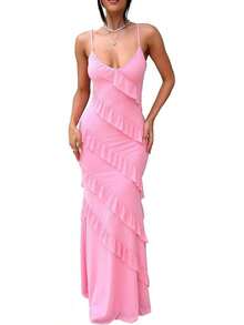 Women's Backless Bodycon Spaghetti Strap Elegant Ruffle Maxi Cocktail Party Dresses, 2025 QMO3 - 粉色 - 查看 11