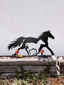 1件乡村农舍风格装饰品，黑色金属马剪影庭院标牌，带可拆卸装饰，户外草坪和花园装饰，栅栏装饰品 - 彩色 - 查看 4