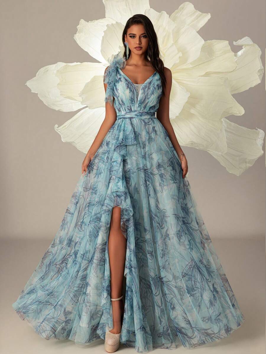 VIPGIRL Long Blue Printed Mesh Elegant Women's Evening Gown - Blue - View 1