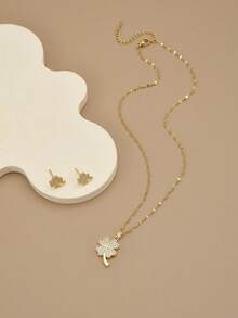 1pc Stainless Steel Clover Rhinestone Necklace, 1 Pair Stainless Steel Clover Rhinestone Earrings, Women Jewelry Set, Women Accessories, Gift For Her, Girlfriend, Wife, Party