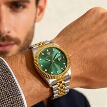 PROKING 1 pieza Reloj de hombre de 40mm, reloj de cuarzo de lujo y negocios con caja y correa de acero inoxidable resistente al agua, manecillas luminosas, esfera negra con diamantes, adecuado para uso diario, regalo de cumpleaños