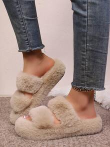 Damskie, klasyczne, okrągłe, wsuwane kapcie w dużych rozmiarach, wygodne i uniwersalne, pluszowa podszewka z dwoma paskami, ciepłe i miękkie, łatwe w zakładaniu, gruba podeszwa, idealne do noszenia w domu, na wakacje, na co dzień, proste i eleganckie, zwiększają wzrost, beżowe, pluszowe, płaskie kapcie z odkrytymi palcami, puszyste kapcie - Kolor khaki - Zobacz 6