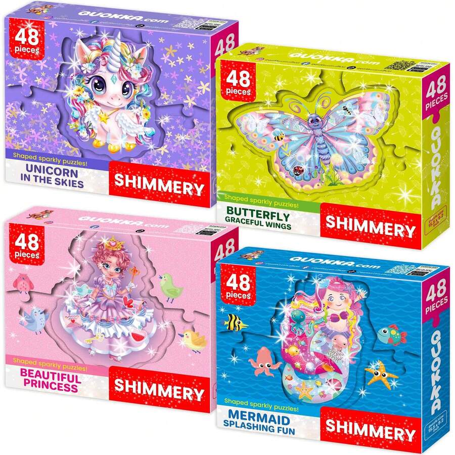 QUOKKA Shimmer Puzzles For Kids Ages 4-6 – Jigsaw Puzzles For Toddlers 3-5 – 4-Pack Princess, Mermaid, Rocket & Dinosaur Children's Game Ages 4-8 – Unique Gift Toy For Preschoolers - Boys And Girls - Girls - 查看 1