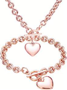 Silver 18k Gold Gold Plated Charm Chunky Stainless Steel Chain Heart Toggle Choker Bracelet Necklace Set Womens Fashion Valentine Jewelry Set - 不銹鋼 - 查看 2