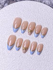 10pcs Handmade French Short Nail Stickers. This Nail Art Set Includes 5 Colors: White, Pink, Gold, Blue, And Yellow, With A Charming And Adorable Design. Each Nail Sticker Is Decorated With Hand-Painted Vine Patterns That Wind Along The Metallic-Feeling French Edges. Nails Nail Supplies Handmade Press On Nails - Blue - View 4