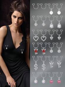 CIZME 1pair Cute Stainless Steel Fake Nipple Rings For Women,Fake Nipple Ring Piercing Jewelry Non Piercing Nipple Rings Dangling Heart CZ Drop Nipple CUff