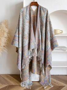 1 pieza Chal multifuncional de poliéster vintage con estampado de cachemira falsa de otoño/invierno, poncho cálido con flecos
