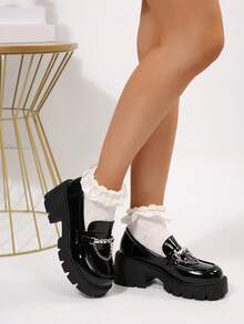 Thick-Soled Loafers For Women, Spring And Autumn Black Platform Shoes For Women, Versatile Metal Chain-Decorated Soft-Soled Comfortable Height-Enhancing Casual Shoes For Women, Niche Retro Preppy Style Patent Leather Shoes - 黑色 - 查看 2