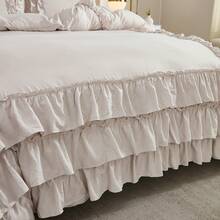 Beige Comforter Set Queen/King Size,Waterfall Ruffle Shabby Chic Farmhouse Bedding Sets,Soft Fluffy Boho Comforters Sets For All Season,200g Microfiber Filling Vintage Ruffled 3 PCS Quilt Set For Women Girls Room Decor - 米灰色 - 查看 4