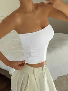 Vaiaye 女士无缝无肩带纯色弹力修身吊带背心，时尚无肩带基础款背心，适合春夏穿着 - 白色 - 查看 9