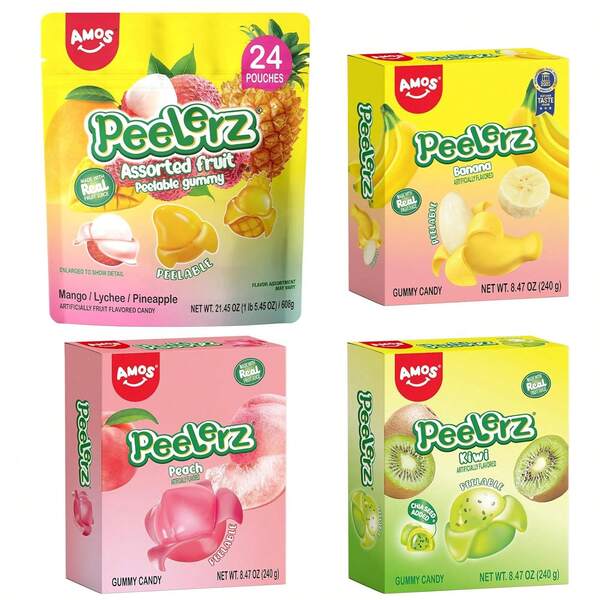 AMOS Amos Peelerz Gummy Candy 4 Variety Pack, Assorted Fruit, Banana, Peach, Kiwi Flavors, Made With Real Fruit Juice, Individually Wrapped Pouches