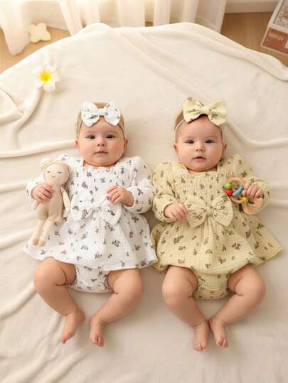 2pcs Set, Casual Elegant Sweet Cute, Soft Comfortable, All-Over Floral Print Parallel Pleated Ruffle Hem Long Sleeve Dress Romper And Bow Decor Headband Set, Baby Girls Clothing, Toddler Dress, Suitable For Daily Wear, Vacation, Party, Photography