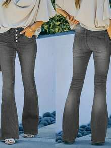 Blugi gri pentru femei, cu talie înaltă, slim fit, cu un singur nasture - Pantaloni retro casual, skinny, elastici și versatili, din denim - Gri - Vizualizare 5