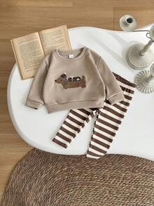 Bộ 2 áo nỉ dài tay thêu hình chó Dachshund dễ thương cho bé trai và bé gái, Xuân/Hè - màu nâu - Xem 3