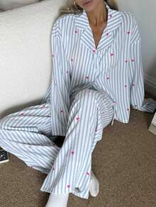Nina Bonheur 2pcs Women Loose Comfortable Breathable Long Sleeve Top And Long Pants Pajama Set, Cute Home Wear, Fall & Winter Clothes