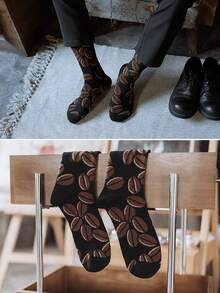 1 Pair Men's Coffee Bean Patterned Dress Socks, Fashionable Mid-Calf Socks, Autumn/Winter