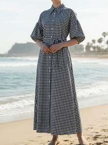 Women's Christmas Plaid Maxi Dress Lapel Collar Short Puff Sleeve Button Down Belted A-Line Dress Fall Winter Party Holiday Clothes - 黑色 - 查看 2