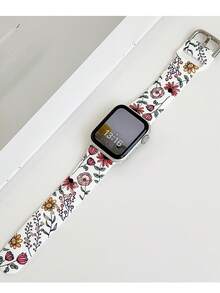 1pc British Pastoral Style Flower And Grass Printed Silicone Strap Compatible With Apple Watch Band 38mm 40mm 41mm 42mm 4mm 45mm 49mm (S10 42 )Mm (S10 46)Mm Women,Fashion Floral Design Comfortable Replaceable Waterproof Sports Strap Compatible With Iwatch Series 11 Ultra 3 SE3 Ultra 2 S10 SE2 9 8 7 SE 6 5 4 3 2 1, Sporty & Fashionable Smart Watch Strap, Women Watchbands, Fine Women Fashion Watch Accessories