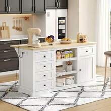 Sideboard, Kitchen Island, Bar Cabinet With 5 Drawers, 2 Pull-Out Shelves, Foldable Extension Panel, And Integrated Power Outlets, For Kitchen, Dining Room, And Living Room, White, 150*65*75 Cm - White - View 2