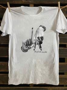 Plus Size Women Casual Gesture Print Short Sleeve T-Shirt - White - View 9