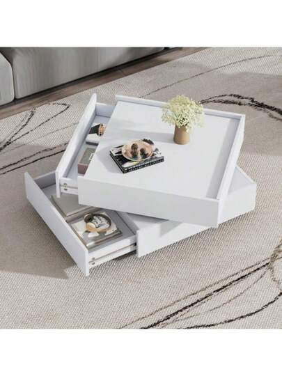 Functional Coffee Tafel The Living Room, 360° Rotatable, Rotating Tabletop Shelves Storage Space, Frame Room Side Pure White, 60*60*38 Cm