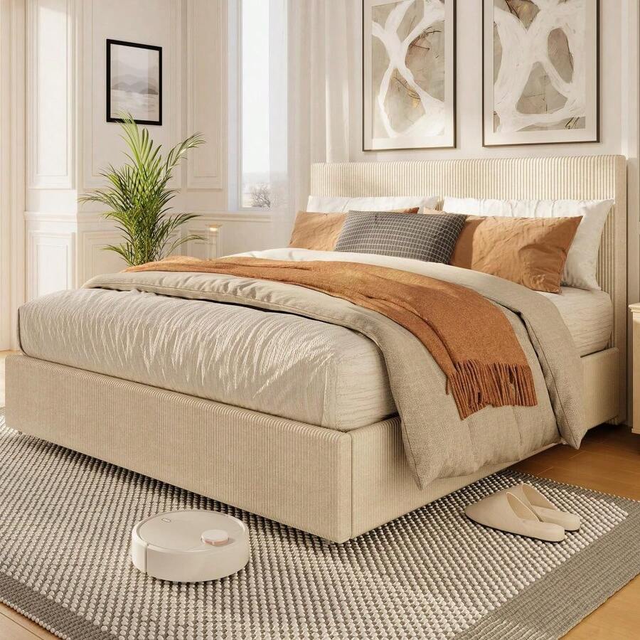 Modern Bed Frame, Full/Queen/King Size Platform Bed Frame With 4 Storage Drawers, Upholstered Corduroy Channel Tufted Headboard Bed Frame With Strong Wooden Slat Support, No Box Spring Needed - 米色-大號 - 查看 1