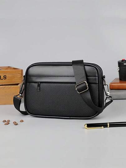 Men's Sling Bag, Fashionable Small Square Shoulder Bag, PU Leather High-End Casual Lightweight Sling Bag, Adjustable Square Strap, Essential Travel Organizer Bag For Summer Valentine'S Day Phone Bag