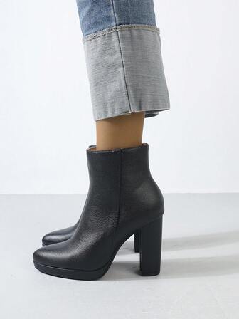 Timesize بوت كاحل منصة سميكة الأرضية مقاومة للماء باللون الأسود، بوت قصيرة موضة للنساء، بوت كعب عالي، بنمط عشوائي