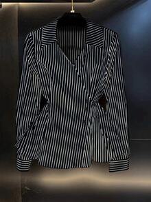 女士春秋新款V领系腰休闲长袖衬衫 黑色 - 黑色 - 查看 5
