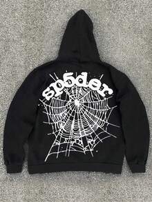 250g Polyester Fiber Men's Hooded Sweatshirt With Long Sleeved ,Halloween Spider Spider Web Pattern Print, Fashionable And Loose Casual Fleece Sweatshirt Suitable For Autumn And Winter Wear On The Street - màu đen - Xem 1