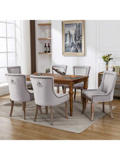 Luxurious Dining Stoel (Kitchen Chair, Living Room Pieces), Upholstered Nailhead Solid Wood Legs, Fluwelen Upholstery, Grijs view 2