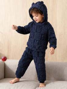 2pcs Young Boy Warm Fleece Lined Cute Bear Pattern Hoodie And Pants Set - Perfect For Autumn/Winter, Ideal For Outdoor Activities - 藏蓝色 - 查看 5