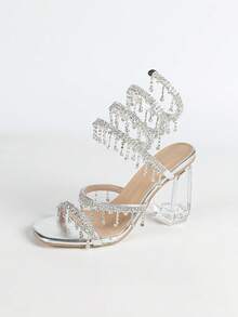 女士厚底水晶高跟凉鞋，方头水钻蛇形绑带，时尚露趾，夏秋基础款 - 銀色 - 查看 17