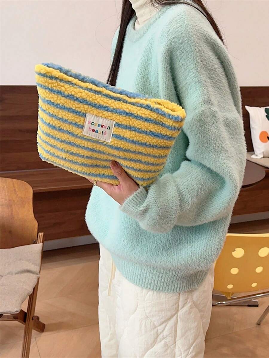 1个装毛绒保暖羊羔绒化妆包，横条纹防水，波浪点图案，女士化妆包，小巧收纳化妆盒，女士旅行包，铅笔盒，日常大容量化妆刷旅行洗漱包，化妆包，旅行必备，情人节礼物，房间装饰，钱包必备，女士化妆包，钱包必备物品，邮轮必备，设计师手提包，基础款，梳妆台必备，房间，可爱化妆包 - 黃色 - 查看 1