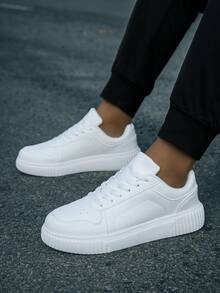 男女通用休闲鞋，尺码 36-45，系带软底平底舒适男士运动鞋，轻便低帮日常鞋，拼色圆头系带滑板鞋，男士休闲运动鞋 - 白色 - 查看 4