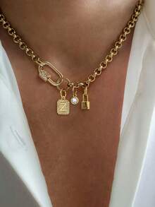 Dây chuyền chữ cái A-Z mạ vàng STYLEVER 1 chiếc, khóa cài dạng vít, mặt dây chuyền, dây chuyền dạng vòng tròn, chất liệu thép không gỉ, phụ kiện trang sức nữ, quà tặng Giáng sinh, quà tặng Halloween. - Vàng - Xem 7