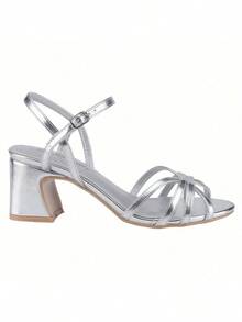 Women Chunky Heel Strappy Platform Heels Square Open Toe Heeled Sandals Ankle Strap Block Heel - Silver - View 2