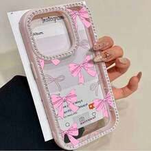3-in-1 double-sided phone case with pink bow and rhinestones, suitable for series 16 Pro Max, 16, 15 Pro, 14, 14 Plus/14 Pro Max, 13, 13 Pro, 12 Pro, 11 Pro Promax.Non-slip and stain-resistant soft case suitable for men and women with diamond decorations. - Transparent - Übersicht 3