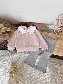 2pcs/Set Baby Girl Floral Embroidery Peter Pan Collar Long Sleeve Sweatshirt And Ruffle Hem Pants Set, Spring/Autumn - Pink - View 6
