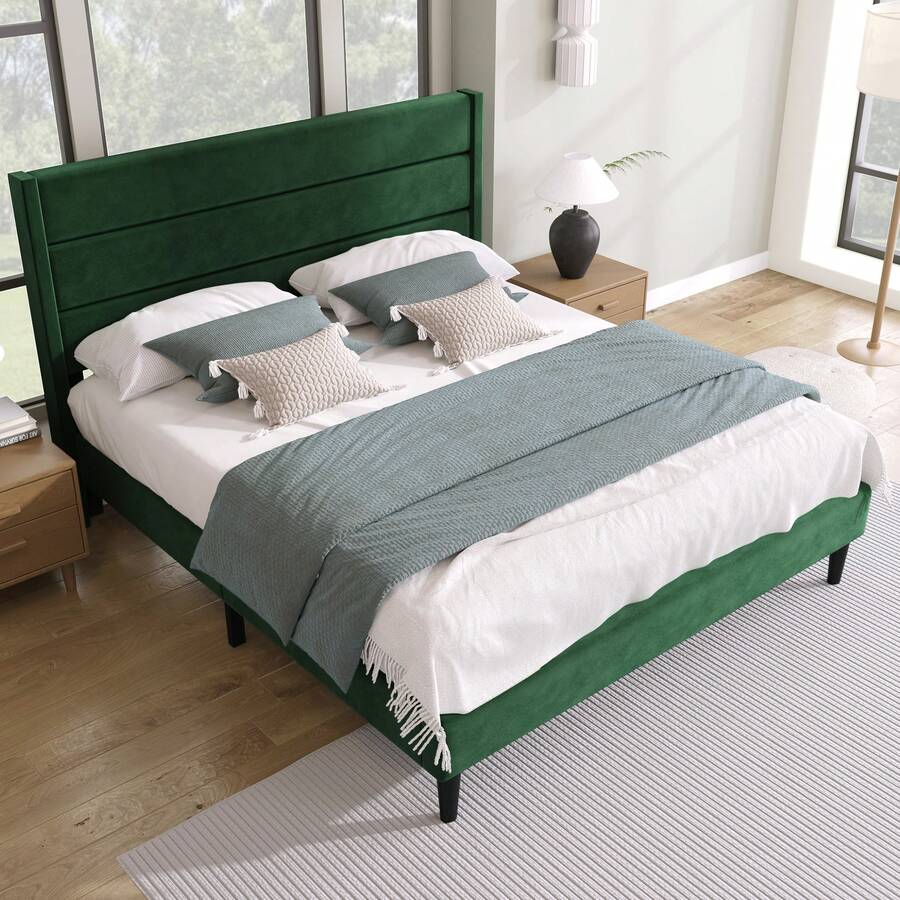 Upholstered Bed 140 X 200 Cm, Bed Frame With Slatted Base And Headboard, Upholstered Double Bed, Dark Green Velvet Textile Cover, Modern And Timeless Design, Youth Bed - Green - View 1