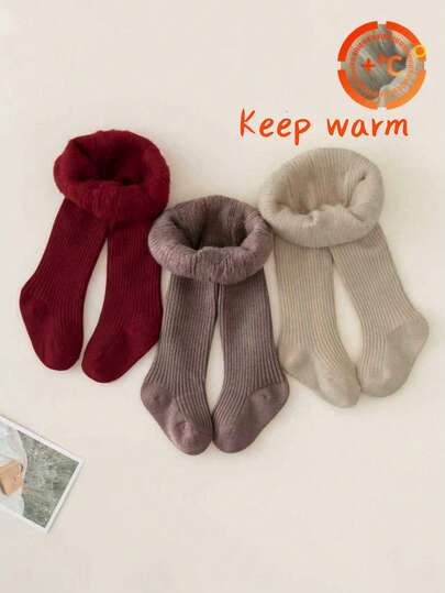1/2/3 Pairs Baby/Toddler Girls Thermal Lined Leggings, Classic Simple Warm Tights, Soft Comfortable Thermal Pants, Suitable For Autumn/Winter Daily Wear, School, Holidays, Random Color