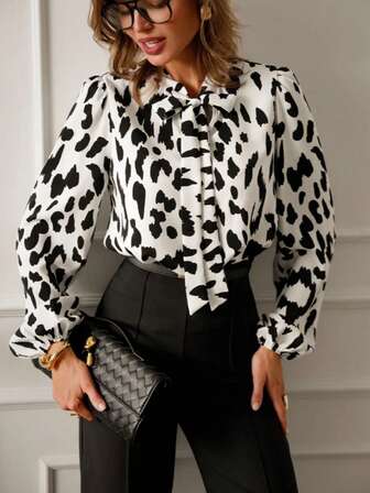 女士新款蝴蝶结系带衬衫，长袖百搭上衣，适合通勤、日常穿着、休闲、户外、度假，四季皆宜的优雅女士衬衫