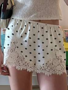 Women Y2k Satin Silk Lace Trim Shorts Polka Dot Lace Floral Patchwork Silky Slip Shorts Comfy Pajamas Bottoms Satin Pettipants French Knickers Casual Lounge Pj Silk Shorts - trắng - Xem 8