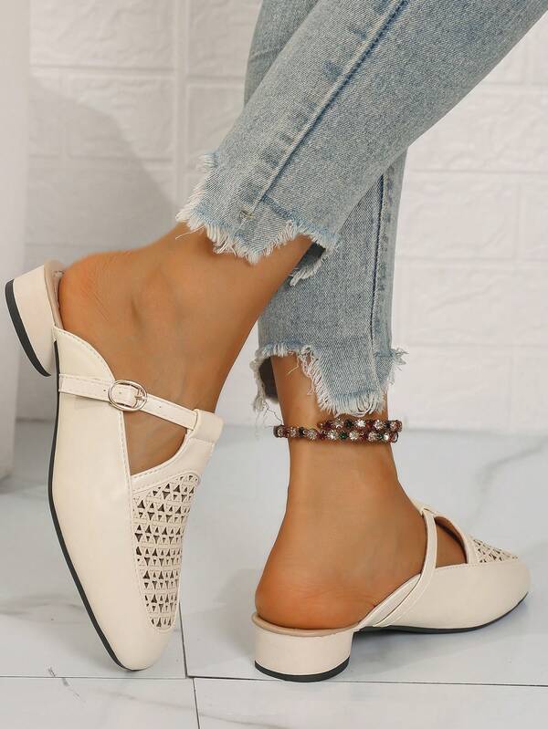 Women's Mule Sandals, Hollow-Out Square Toe, Mid Chunky Heel, Beige, Summer Outdoor Wear