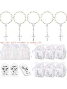 粉色玫瑰十字架念珠手链，配欧根纱袋，生日派对礼物，周年纪念礼物 - 粉紅色-30件 - 查看 12