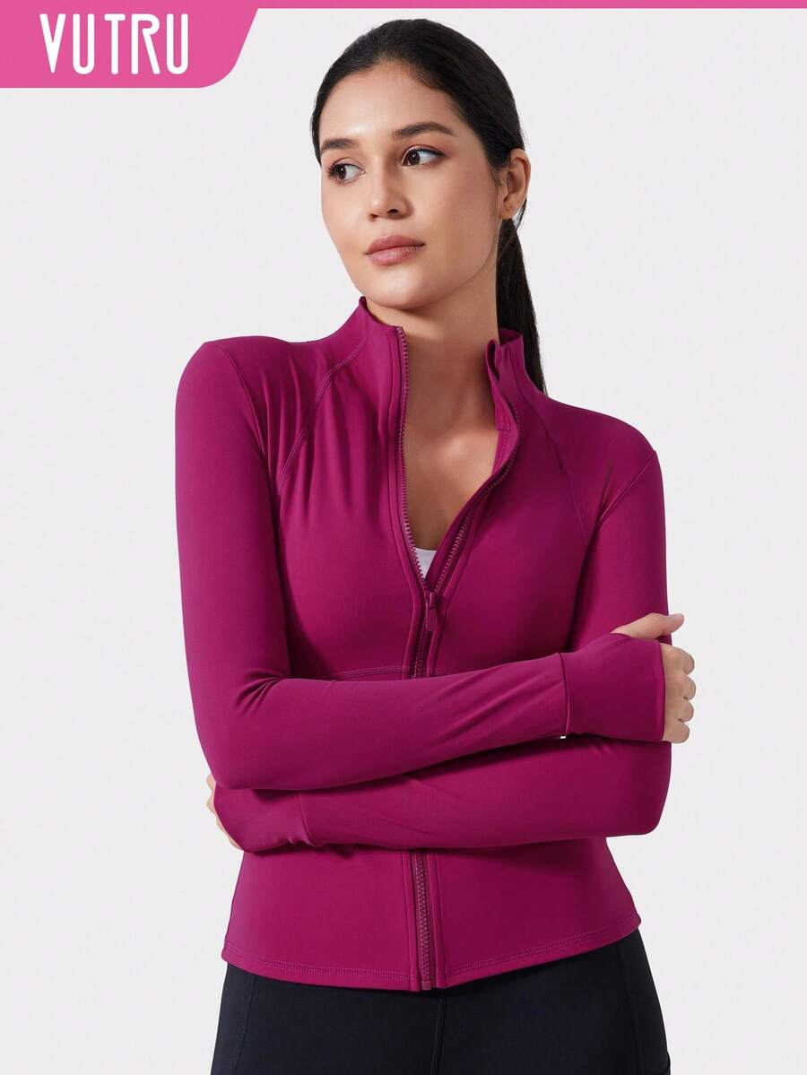 VUTRU 1 件简约修身女士运动夹克，带拇指孔，粉红色，修身，秋冬瑜伽外套 - 玫紅色 - 查看 1