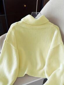 Bộ áo len dệt kim thường ngày và chân váy dài cho nữ, áo len chui đầu cổ cao và chân váy dài màu trơn, Thu/Đông - Màu vàng - Xem 5