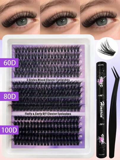 Hinarin HINARIN 300 Stücke D-Locken Flauschige Dicke Wimpernbüschel DIY Wimpernverlängerung 8-16mm Mix Wimpernbüschel 60D80D100D Verwischte Einzelne Wimpernverlängerungen für Weihnachten, Neujahr, Festivals und Partys